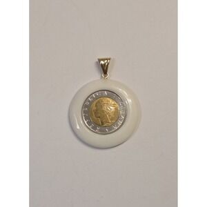 14k Yellow Gold Milor Encased Italy Lira Coin White Agate 2" Pendent